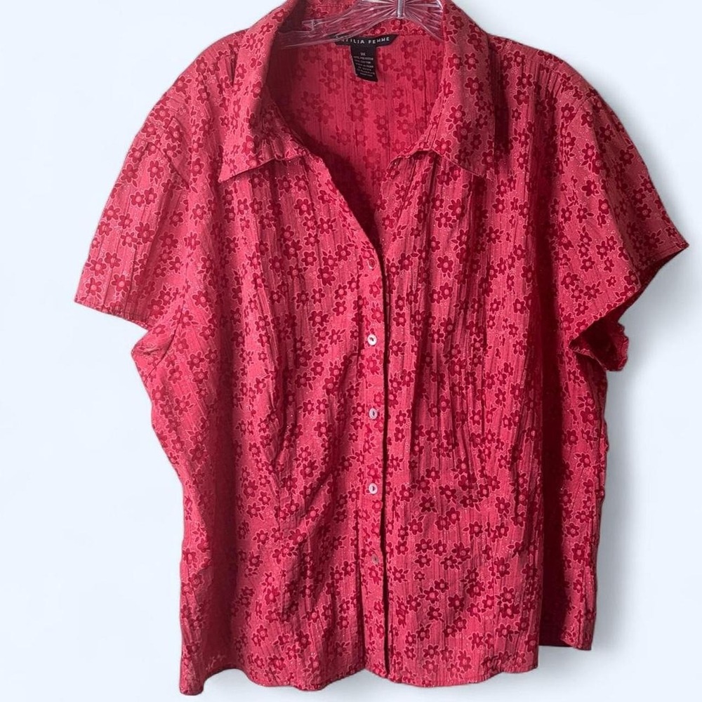 Antilia Femme Red Pink Floral Button Down Short Sleeve Shirt 3X Plus Boho Summer